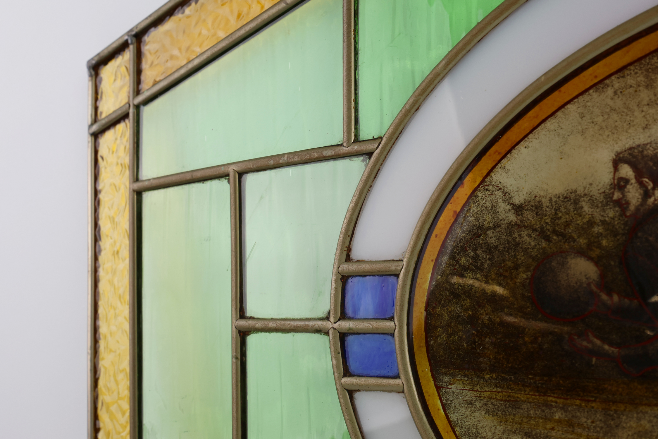 Art Deco Stained Glass Panel Depicting Early Football Scene, Belgium ca. 1910thumbnail